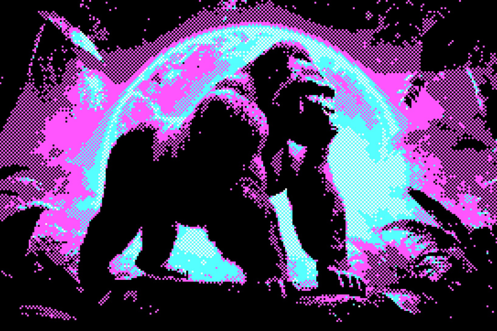 Een gepixelde foto van een fiere gorilla.