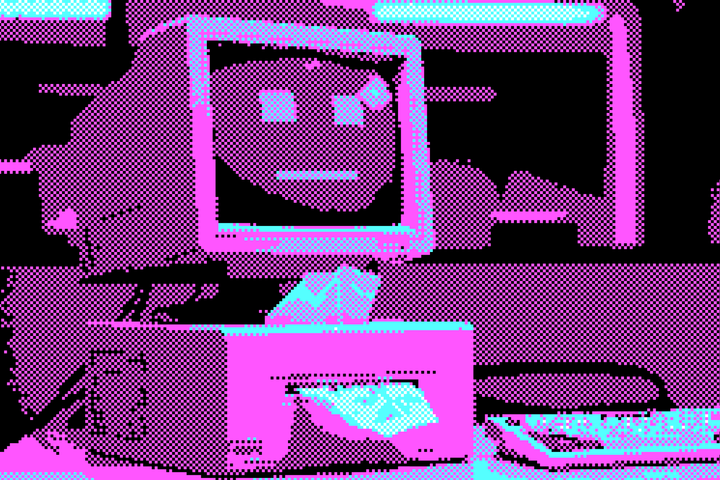 Een gepixelde foto van een ouderwetse computer. Er staat een gezicht op, en er de computer is een zakdoekdoos.