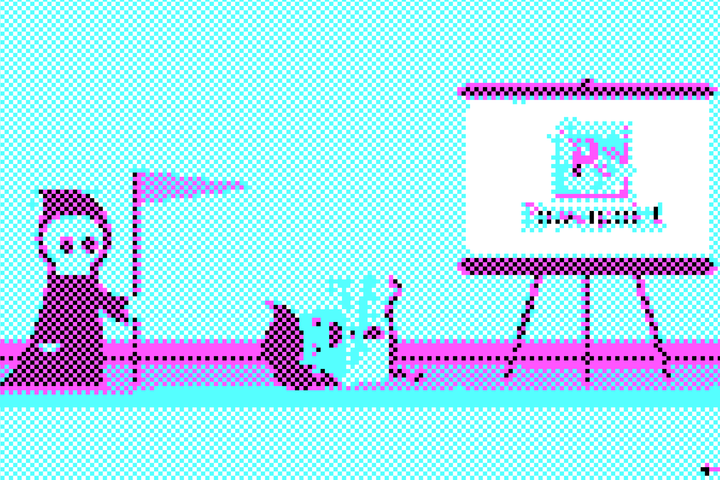 Een gepixelde illustratie van Pietje De Dood bij iemand die gestorven is bij het zien van een PowerPoint-presentatie.
