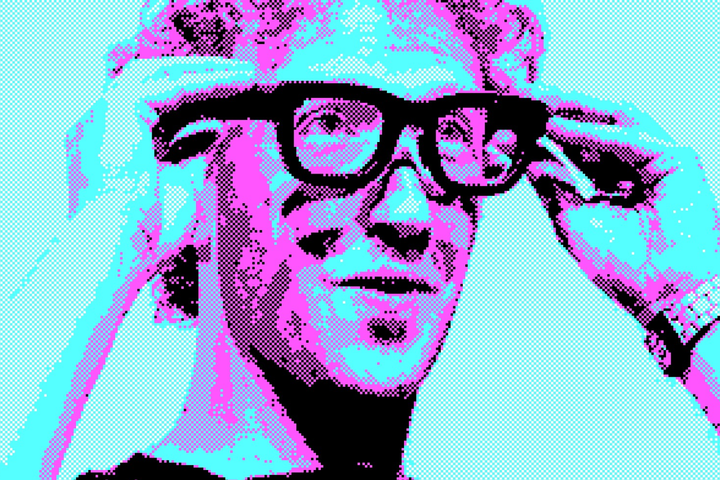 Een gepixelde foto van Mark Zuckerberg die een dikke brol opzet.