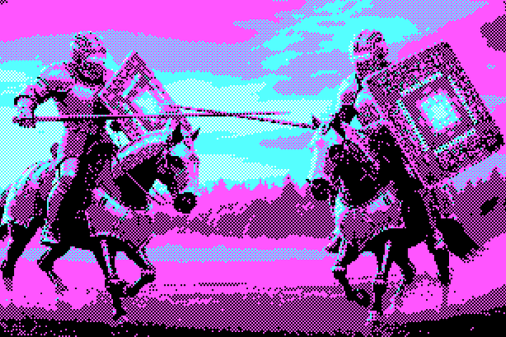 Een gepixelde foto van twee robots in een steekspel. Hun schilden zijn microchips.