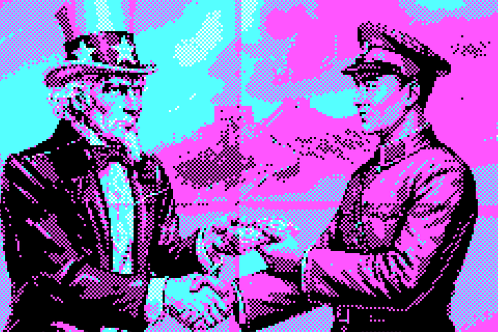 Een gepixelde versie van een propagandaposter, waarbij Uncle Sam geld heeft aan een Chinese topman.