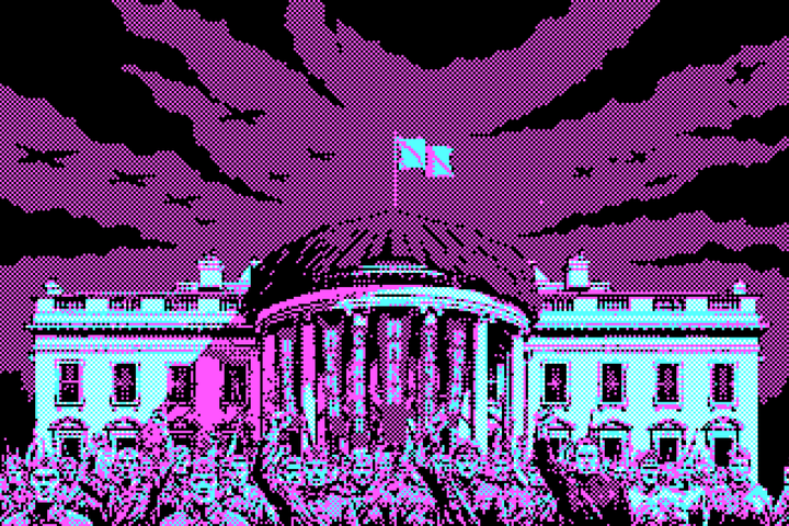 Een gepixelde illustratie van het Witte Huis als Sovjet-propaganda.