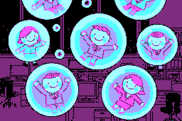 Een gepixelde kinderillustratie van een hoop zakenmensjes die in een zeepbel zweven.