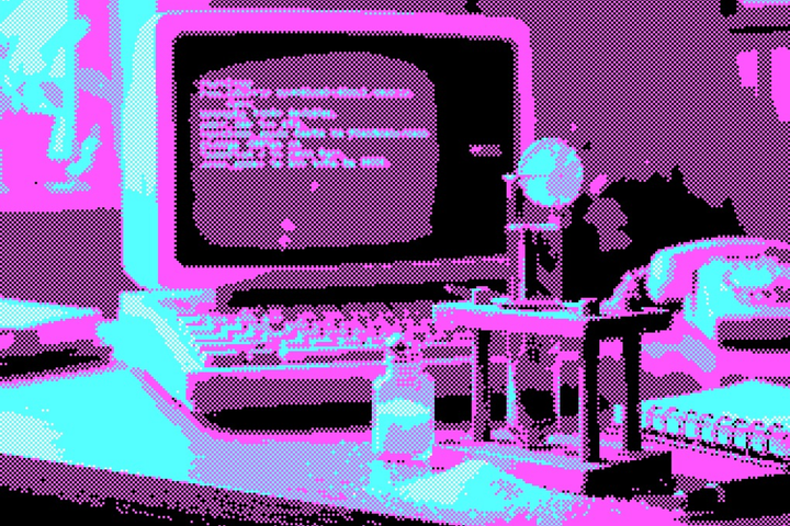 Een gepixelde foto van een oude computer op een bureau, op de voorgrond een labo-buisje met een shotje in, en wat zout.