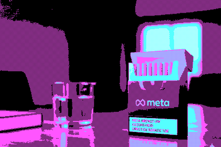 Een gepixelde foto van een pakje sigaretten met daarop het Meta-logo, en een waarschuwing.