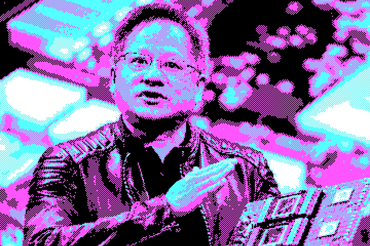 Een gepixelde foto van Jensen Huang met een leren vestje aan, en een GPU in de hand.
