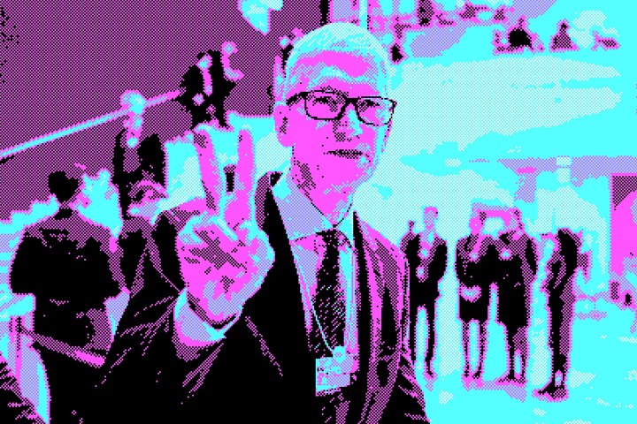 Een gepixelde foto van Tim Cook op bezoek in het Witte Huis.