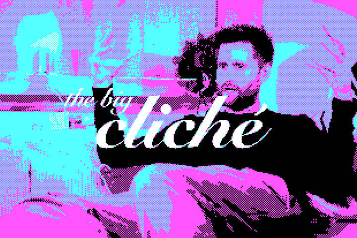 Een gepixelde foto van Jorn die iets uitlegt met z'n armen gespreid. Er staat: The Big Cliché.