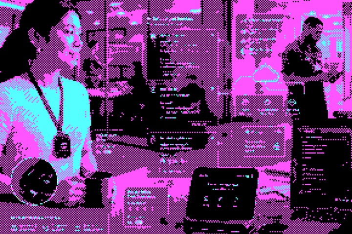 Een vrouw met een wearable. Een bureau met een display. Overal zweven er holo-schermen.
