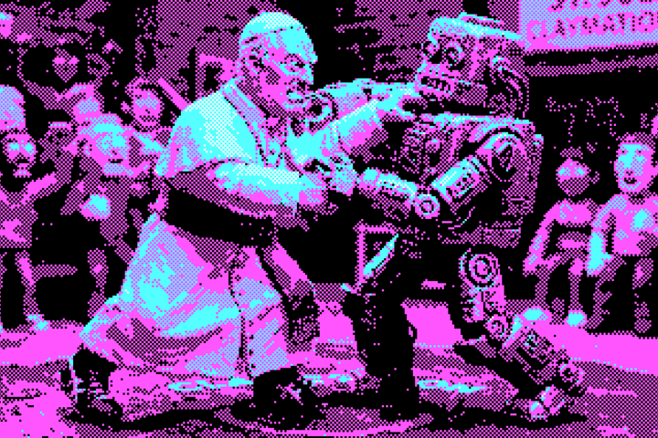 De paus aan het vechten met een robot, gepixeld, in 'claymation' stijl.