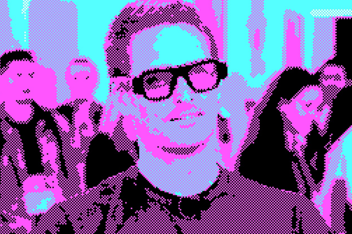 Een gepixelde foto van Evan Spiegel met de Specs aan.