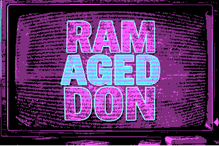 Een oude TV met daarop een xxx-film die speelt, met als titel 'Ramageddon'.