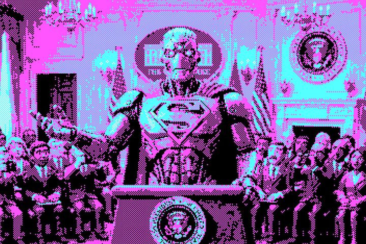Een robot met Superman-logo geeft een speech in het Witte Huis.