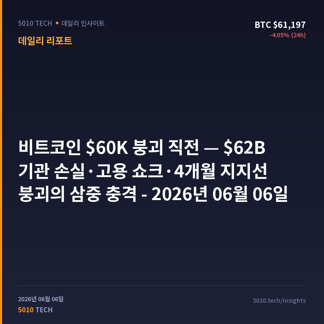 비트코인 $60K 붕괴 직전 — $62B 기관 손실·고용 쇼크·4개월 지지선 붕괴의 삼중 충격 - 2026년 06월 06일