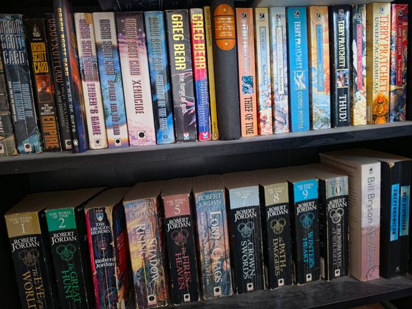 A lot of very old, dusty books on a shelf. Maybe it's just the shelf that is dusty.