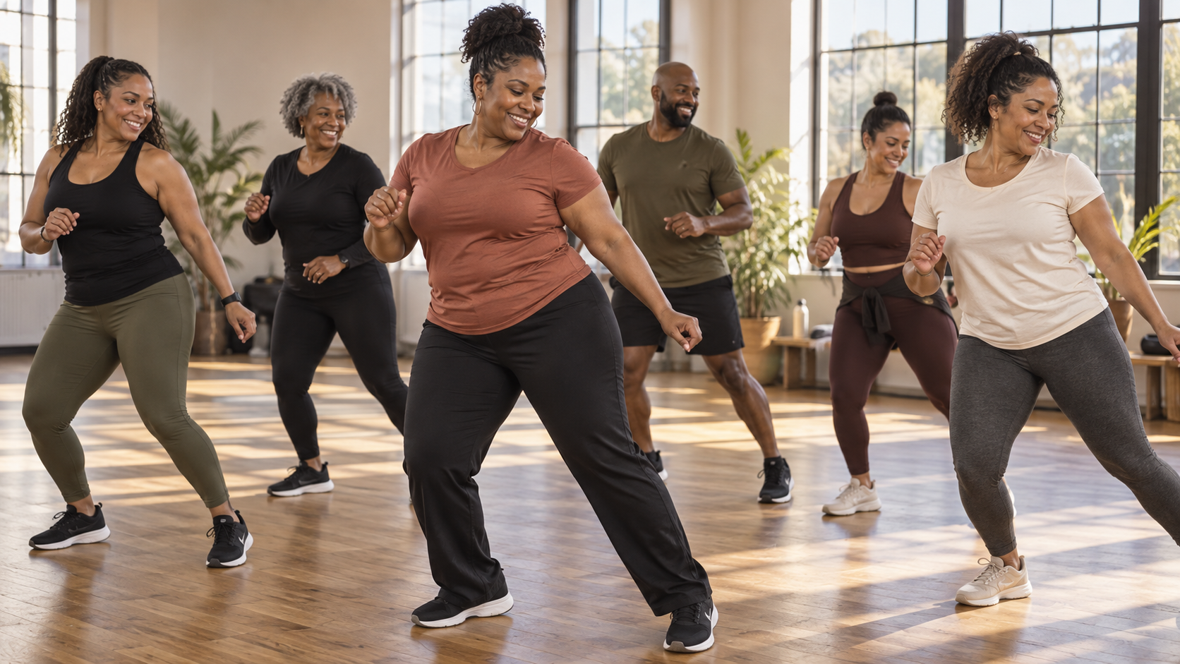 Illustrative image of six adults moving together during a line dance fitness session in warm morning light.