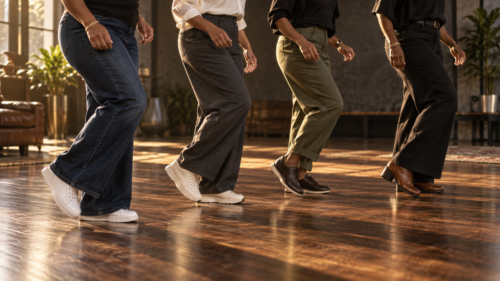 Four women step together in sneakers and boots on a wooden dance floor in warm sunlight, pictured from the waist down.