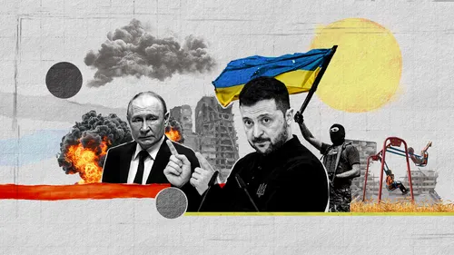 Disgruntled Russian President and Urkainian President, background of war, and hope.