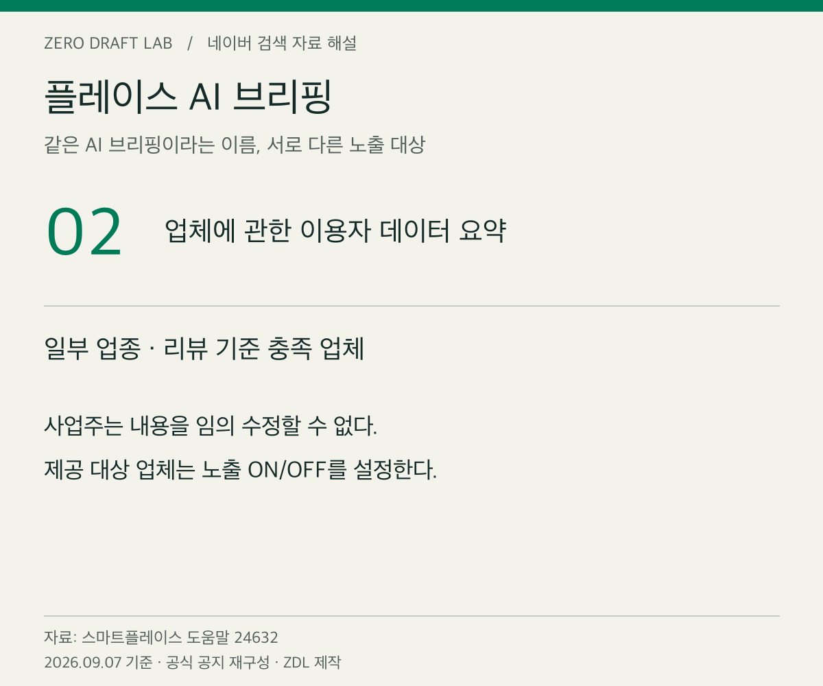 2 / 3 · 업체 상세 화면의 플레이스 AI 브리핑. 본문 공식 자료를 바탕으로 ZDL 재구성.
