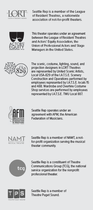 Union logos: LORT (League of Resident Theatres), Actors’ Equity, Local USA-829 of IATSE, AFM (American Federation of Musicans), NAMT, TCG (Theatre Communications Group), TPS (Theatre Puget Sound)