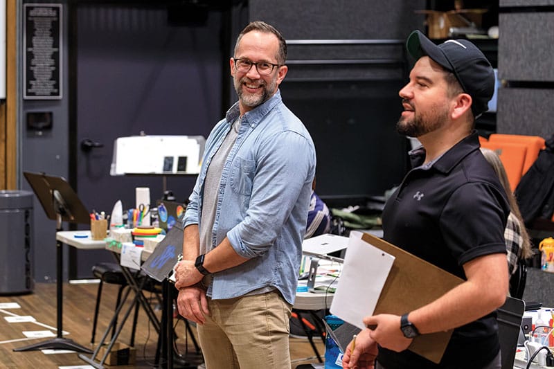 Director Brandon Ivie and choreographer William Carlos Angulo in rehearsal for Come From Away.