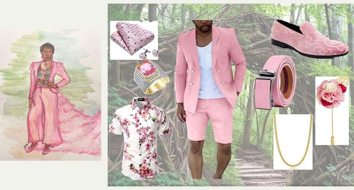 A designer's sketch of a pale pink pant suit. On the right, a collection of pink items.