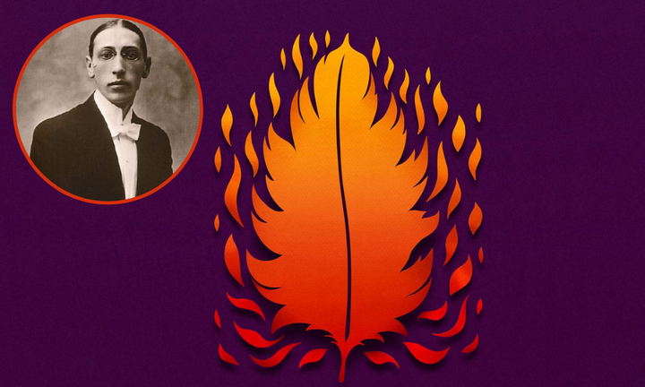A sepia photo of composer Stravinsky overlayed a feather on flame.