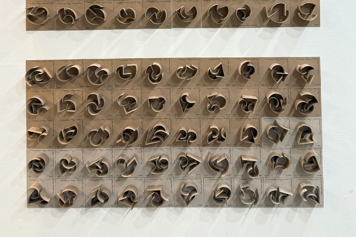 An art piece on a wall. It shows marquettes in rows.