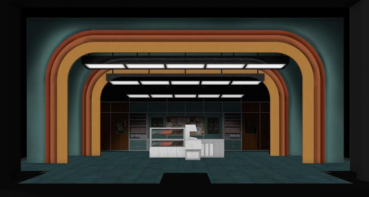 A rendering of a set design for "9 to 5" at Village Theatre. It is in an 80s style.
