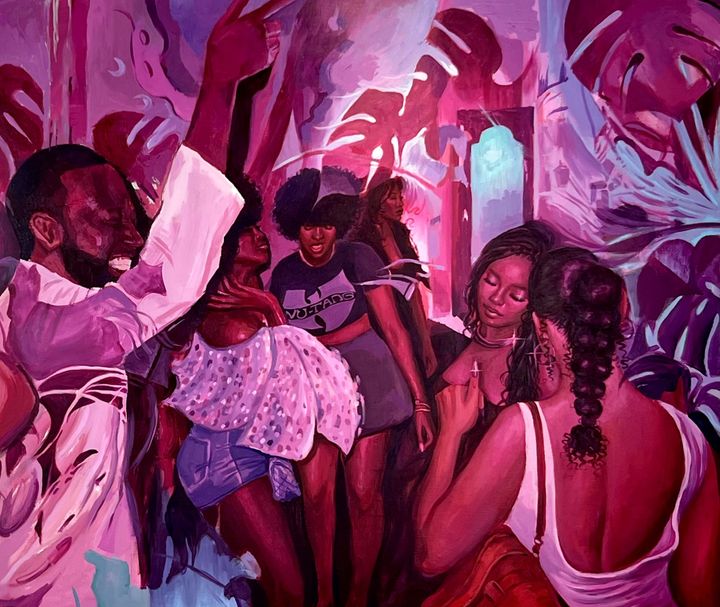 A painting in a purple and pink color palette of people dancing in a room.