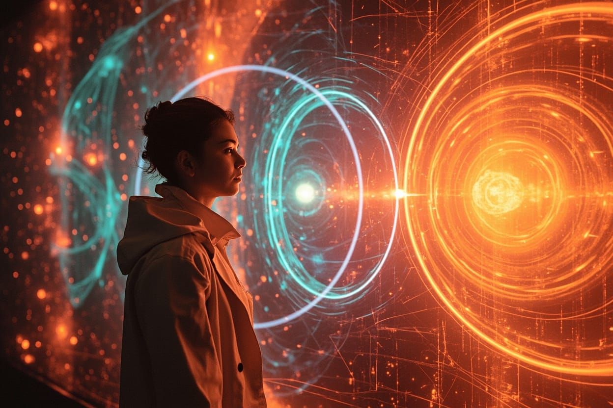 Abstract visualization of parallel universes merging through quantum foam, showing interconnected layers of reality where consciousness bleeds between worlds