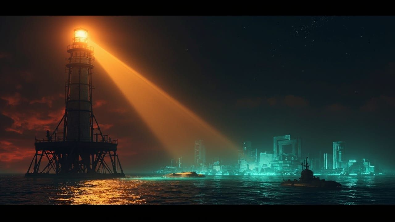A lone lighthouse stands on a metal platform bolted to a seamount, its golden beam sweeping across dark, endless ocean stretching to the horizon under a moody twilight sky