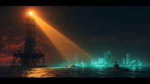 A lone lighthouse stands on a metal platform bolted to a seamount, its golden beam sweeping across dark, endless ocean stretching to the horizon under a moody twilight sky