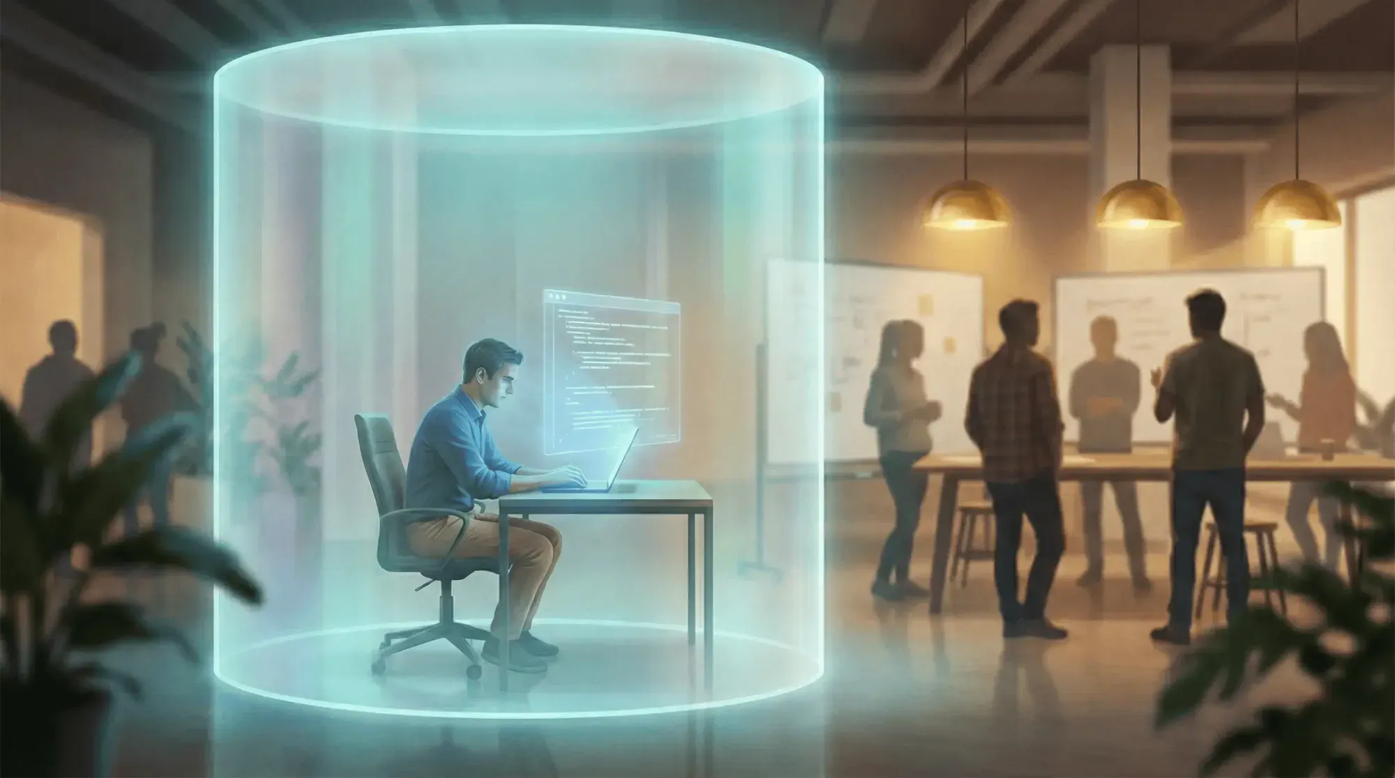 A lone developer sits at a desk inside a transparent cylindrical barrier illuminated in teal, focused on a floating screen, while teammates collaborate in warm light in the background.