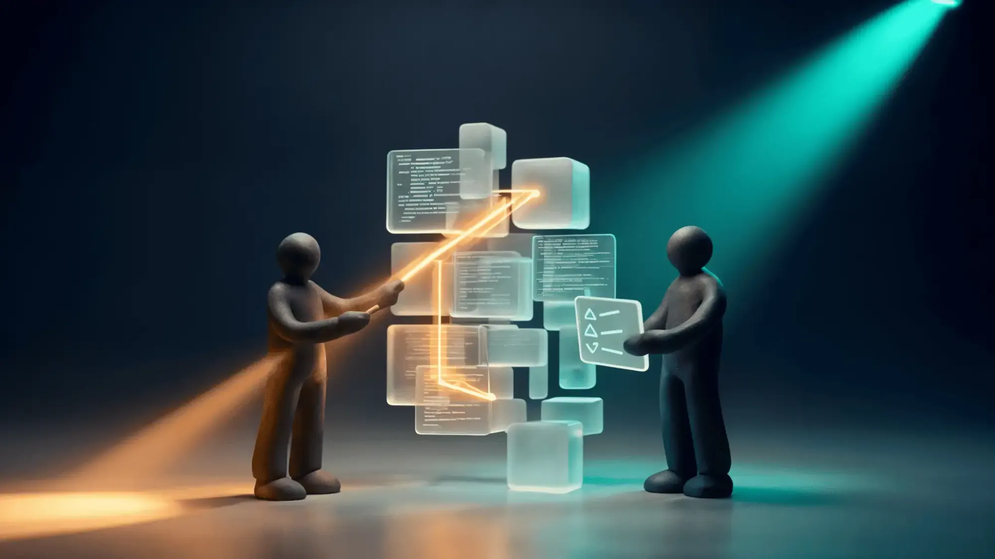 Two developers trace a highlighted path through floating code blocks while one holds a checklist panel.