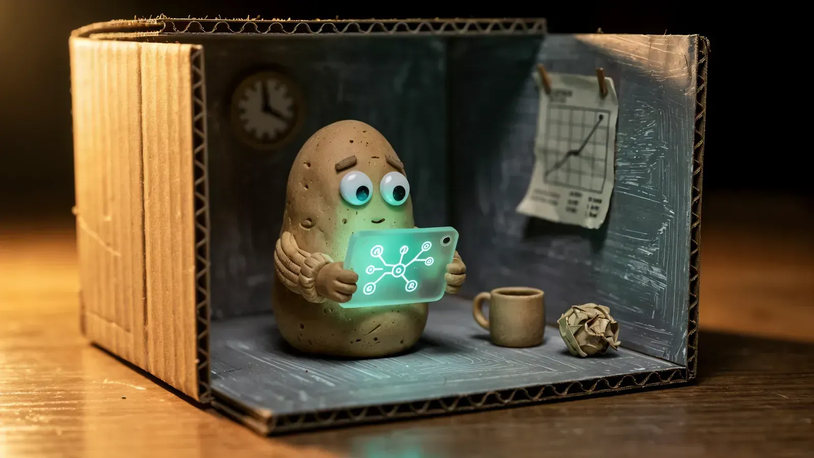 Clay potato character holding a glowing tablet with a network diagram inside a cardboard office cubicle.