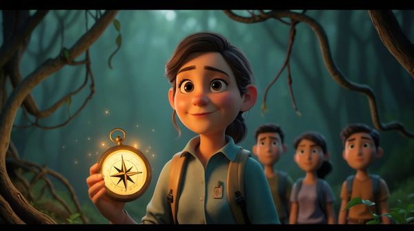 Cartoon-style woman in a forest holding a glowing compass, standing confidently in front of her team as they prepare to move forward.