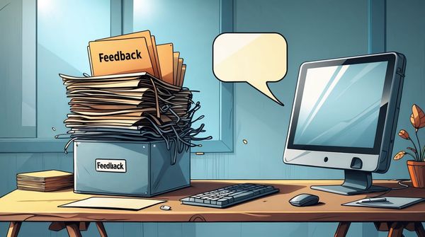 Cartoon office scene with a feedback tray overflowing with folders beside a computer displaying an empty speech bubble, symbolizing delayed communication.
