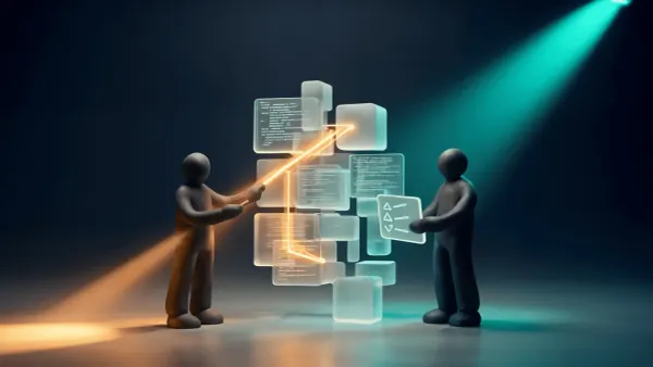 Two developers trace a highlighted path through floating code blocks while one holds a checklist panel.