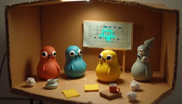 Claymation diorama of colorful clay blob characters collaborating around a glowing teal architecture diagram inside a cardboard box