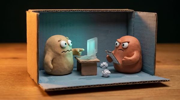 Clay-diorama scene: a nervous clay character points at a glowing screen while another, holding a clipboard, looks on sceptically.