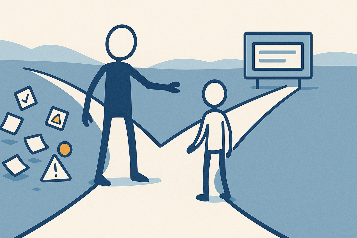 Illustration of a figure at a fork in the path, choosing between scattered warning signs and a clear signpost — a Product Owner weighing competing stakeholder requests.