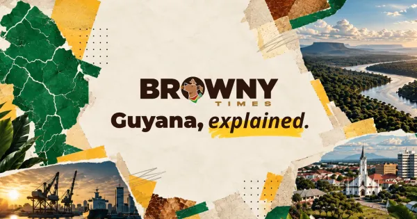 Browny Times launch graphic featuring the official logo and the phrase "Guyana, explained." surrounded by an editorial collage of Guyanese landscapes and city imagery.