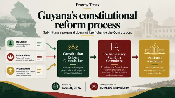 Diagram showing Guyana's constitutional reform process from public submissions through commission and parliamentary review.