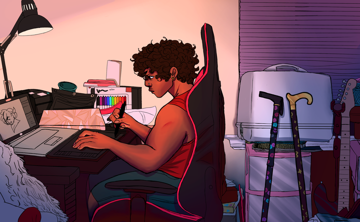 An Afro-Indigenous artist with coily hair sits at his desk, drawing a character on a tablet.