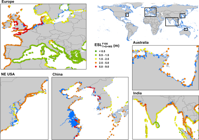 Regions with projected flooding associated with a 100-year return period extreme sea-level event for 2100 under the “business as usual” high-emissions scenario. Colored dots show the magnitude of the projected extreme sea level. The flooding extent is shown by blue shading. Source: Kireczi, Young, Ranasinghe, et al 2020.