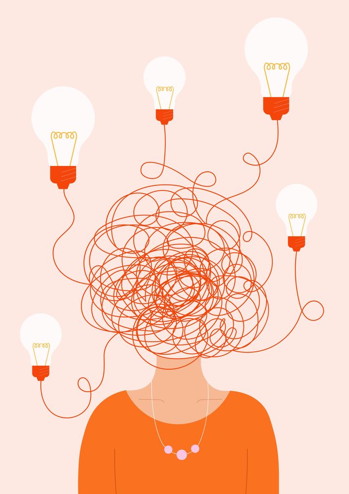 An illustration of a woman's body with lightbulbs for hair.