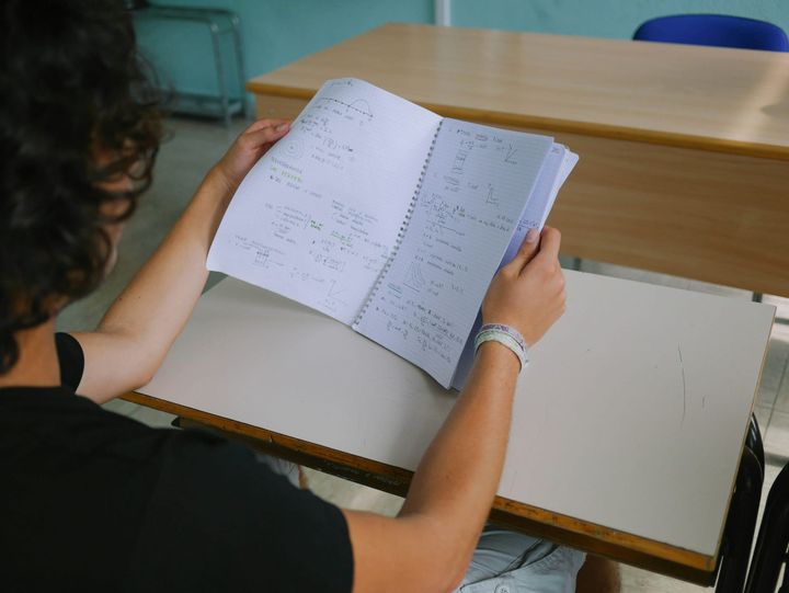 A person sitting at a desk, reviewing notes.