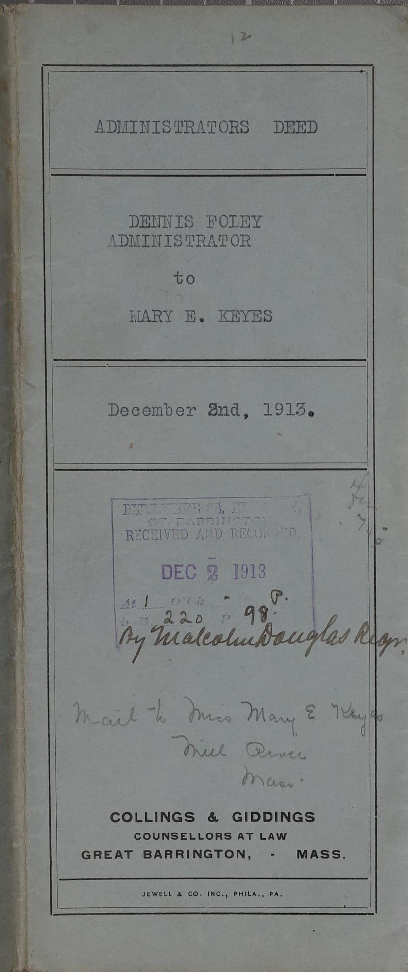 MARY E. KEYES Deed December 1913